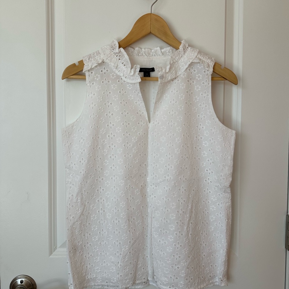 Ann Taylor White Eyelet Ruffle Blouse